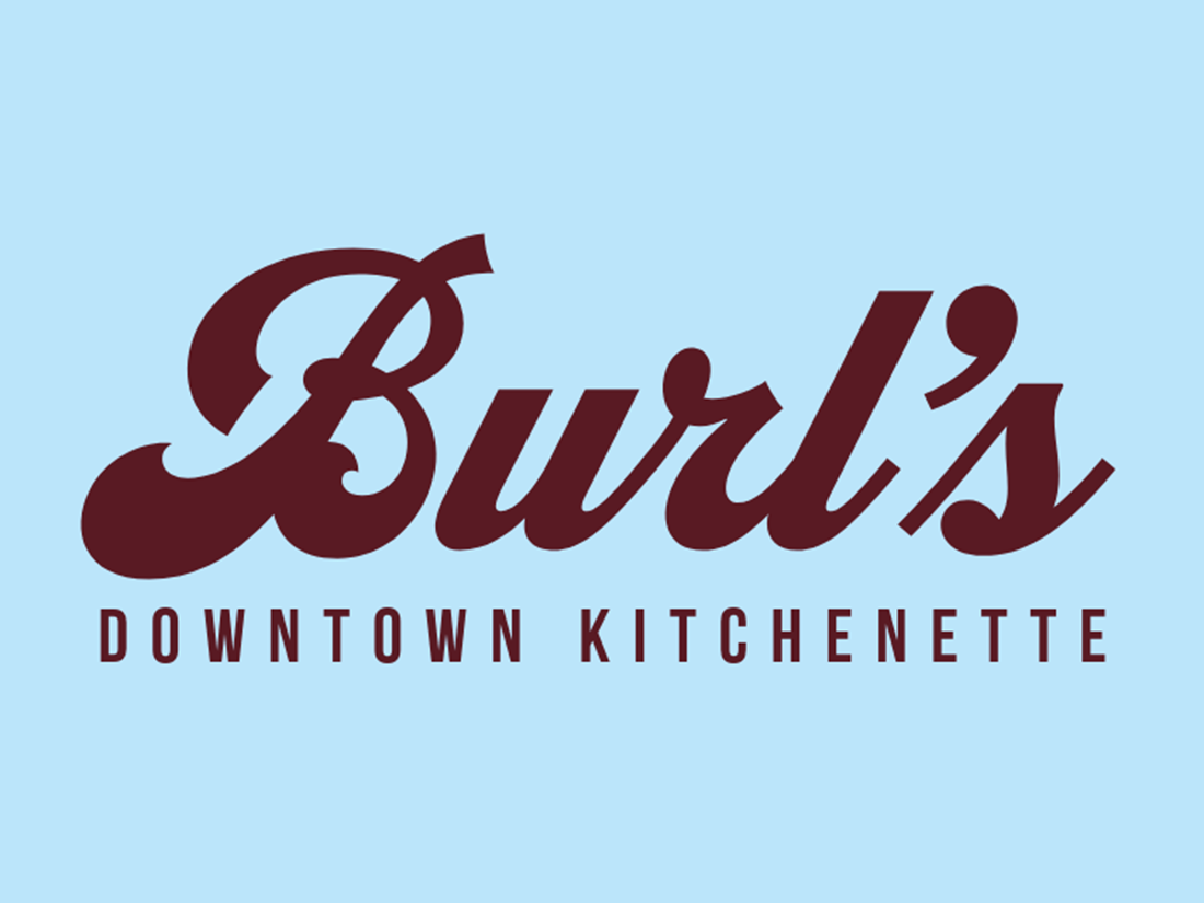 Burl's Downtown Kitchenette Burlington logo. Maroon writing on a blue background. 